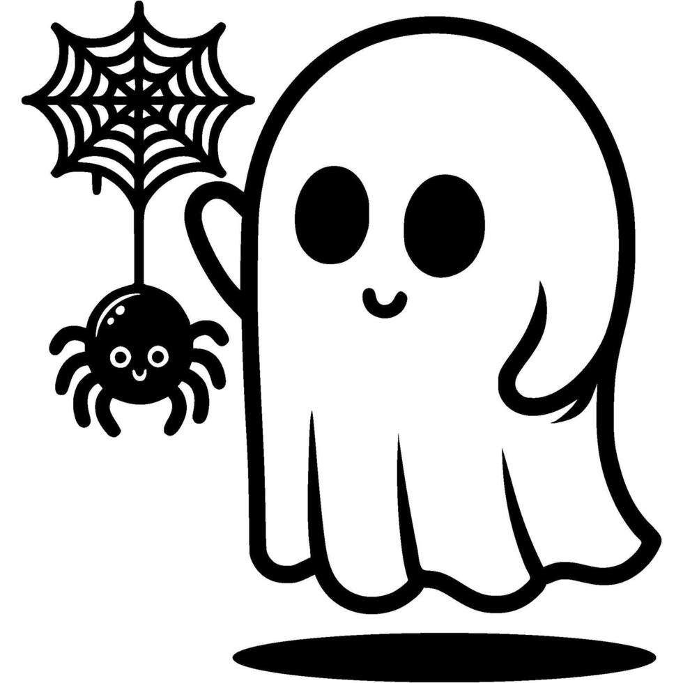 Halloween ghost plays with pet spider in monochrome. Simple minimalistic in black ink drawing on white background vector