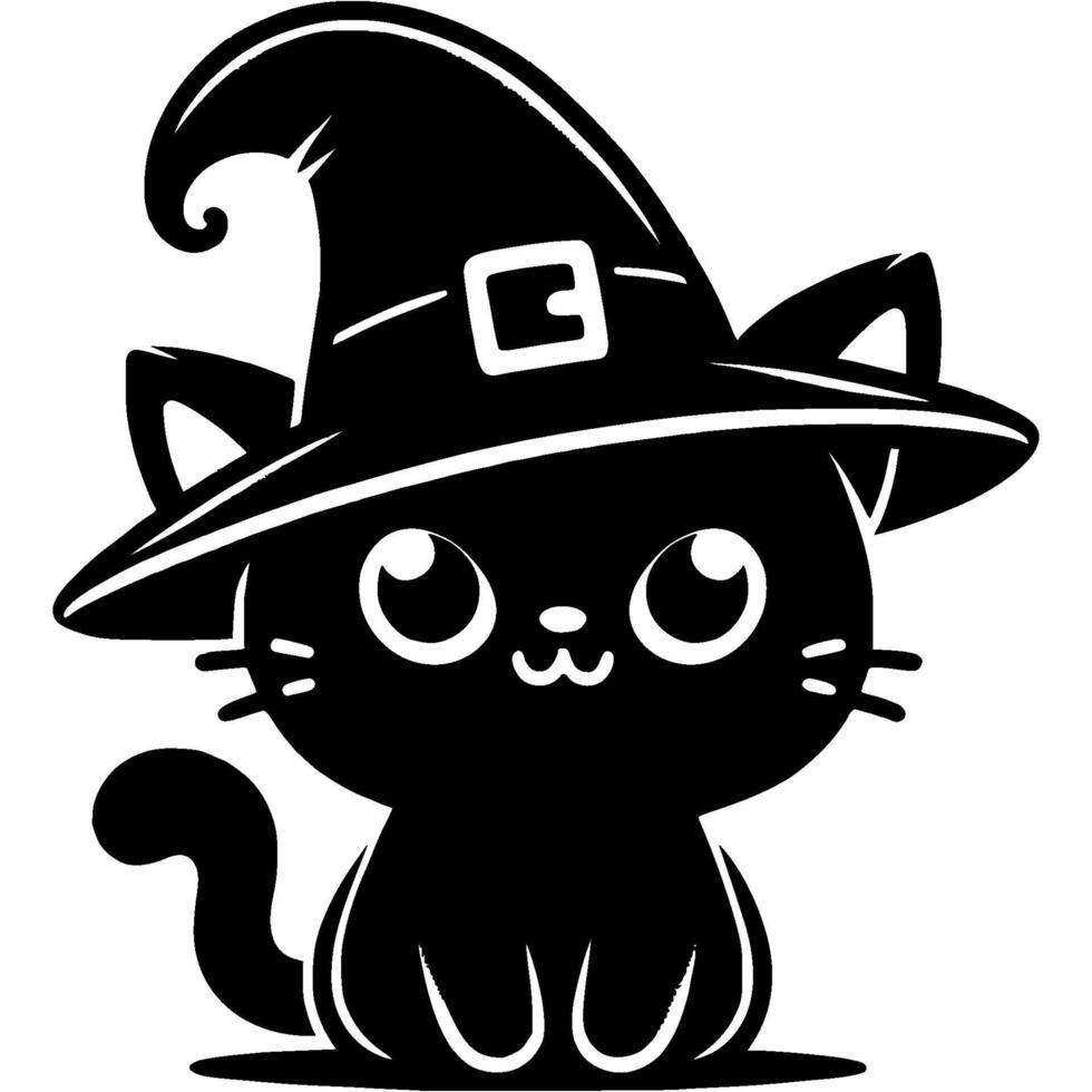 Halloween magic cat wearing dented witch hat in monochrome. Simple minimalistic in black ink drawing on white background vector