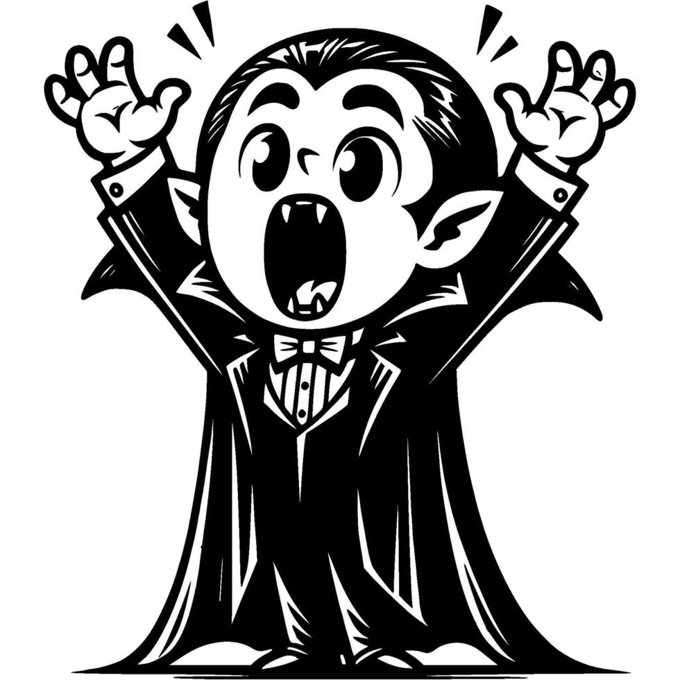 Little boy dressed in Halloween costume of vampire raised his hands up threateningly in monochrome. Simple minimalistic in black ink drawing on white background vector