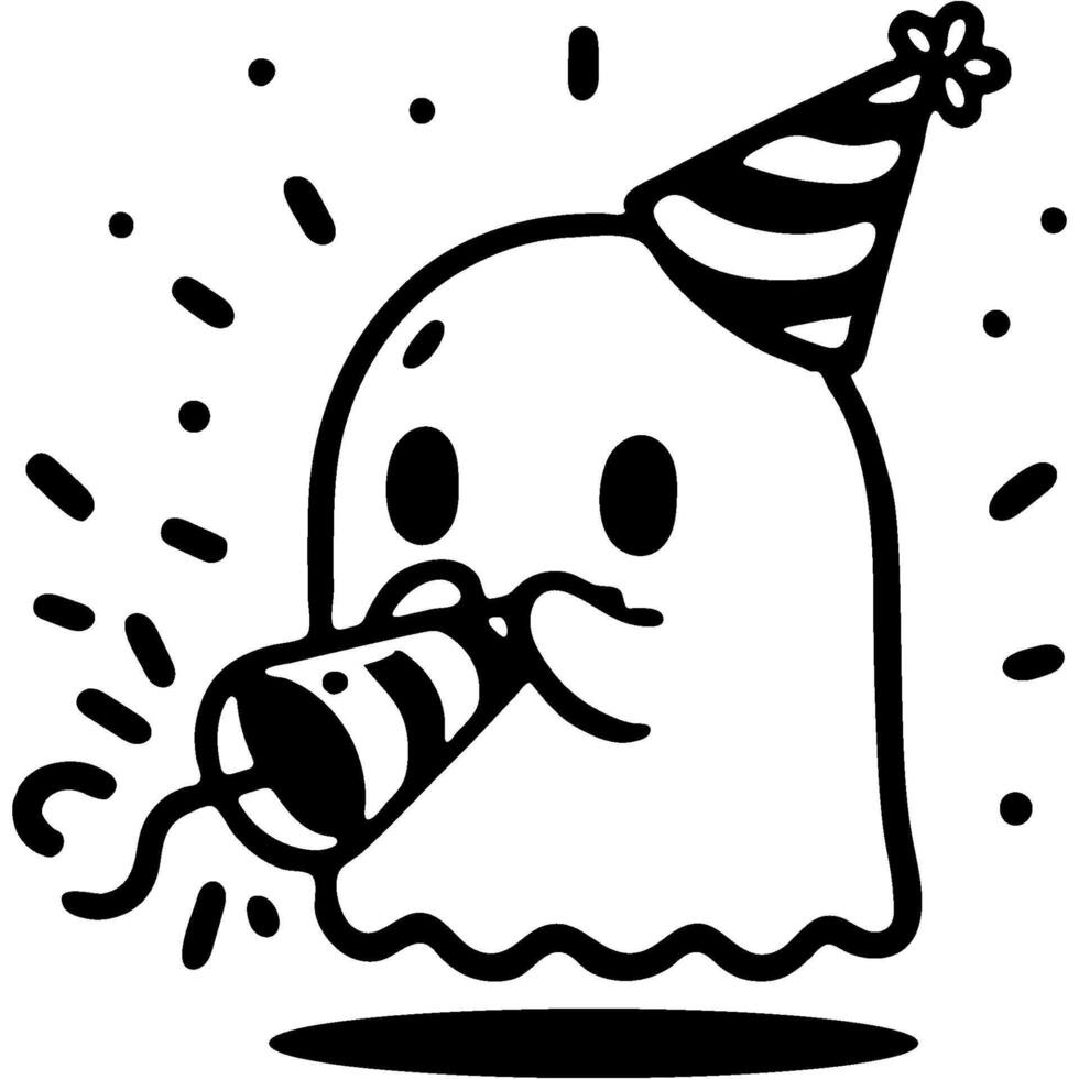 Halloween ghost in party hat blowing whistle in monochrome. Simple minimalistic in black ink drawing on white background vector