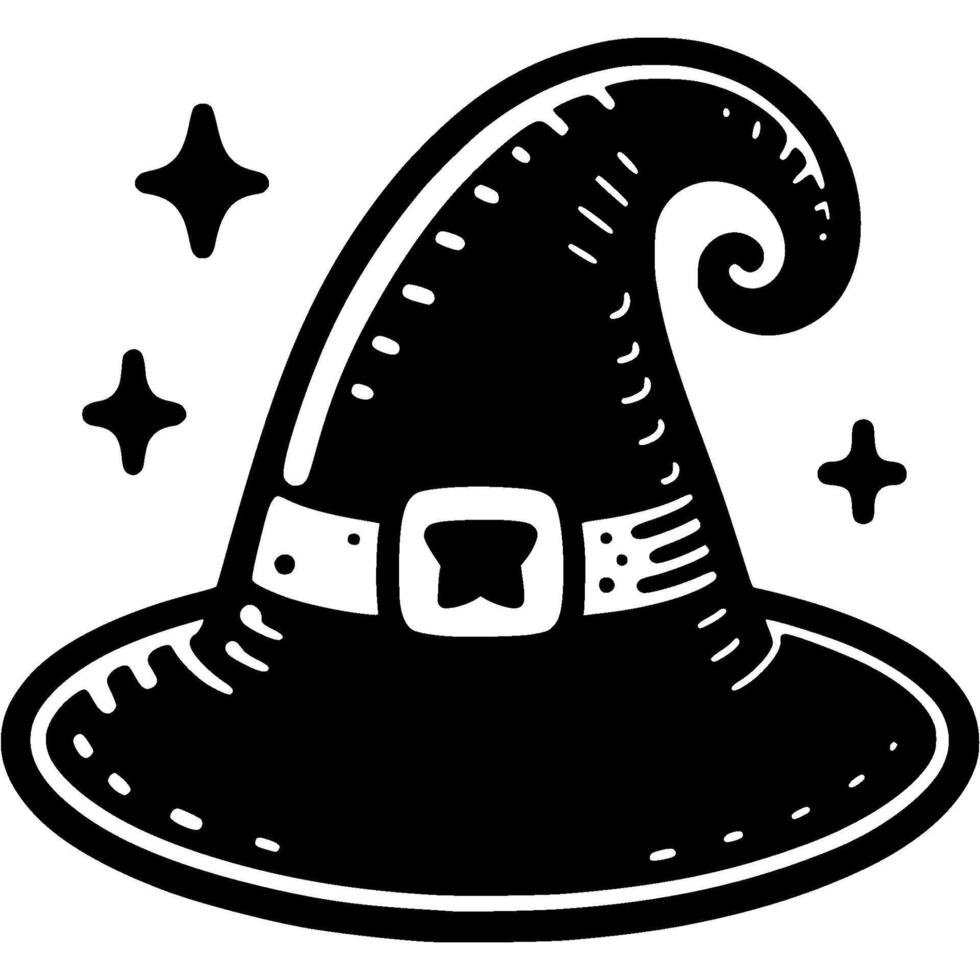 Pointed wizard hat in monochrome. Simple minimalistic in black ink drawing on white background vector