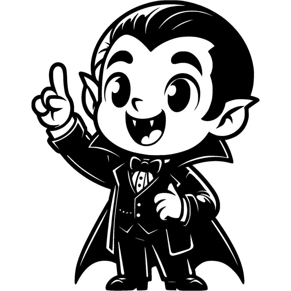 Boy dressed in Halloween vampire costume with good idea thumbs up in monochrome. Simple minimalistic in black ink drawing on white background vector