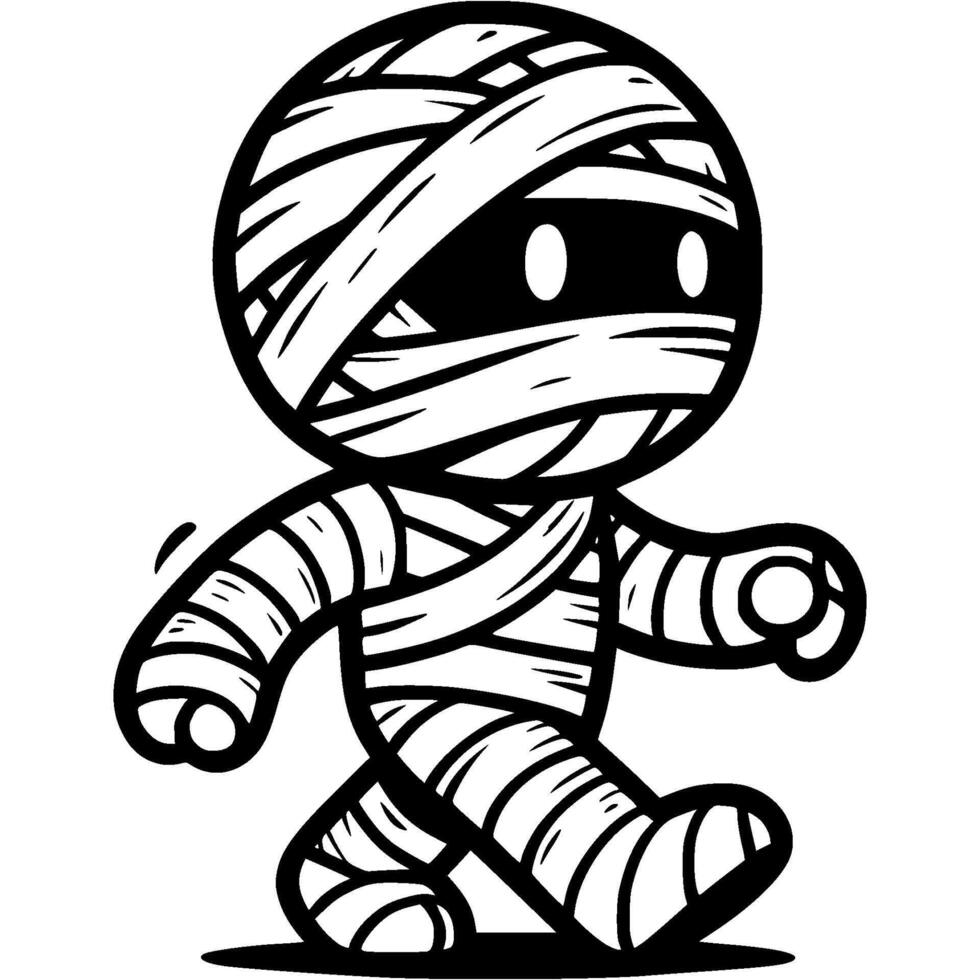 Boy dressed in Halloween mummy costume walks with confidence in monochrome. Simple minimalistic in black ink drawing on white background vector