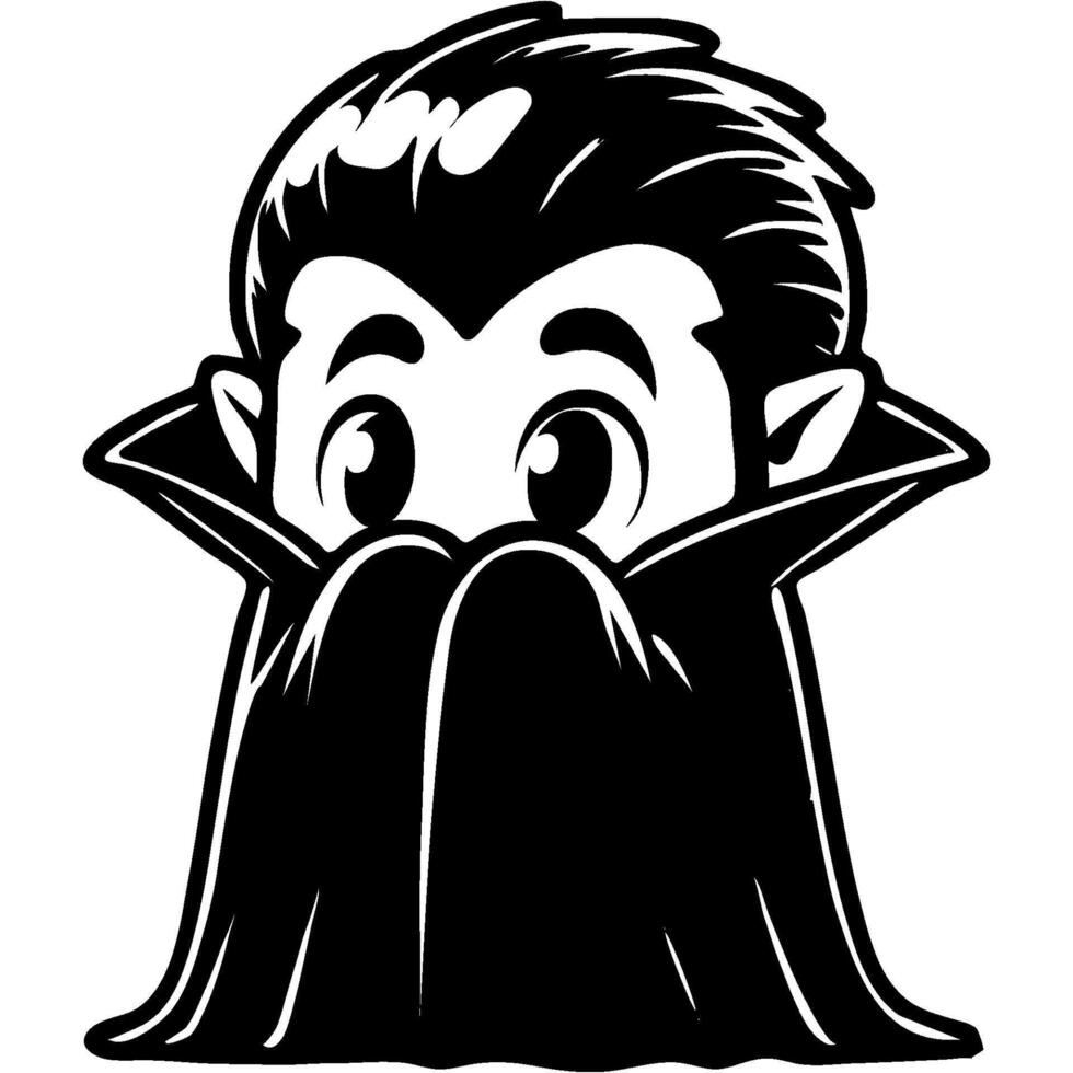 Boy dressed in Halloween vampire costume wrapped himself in cloak, uncertain and frightened in monochrome. Simple minimalistic in black ink drawing on white background vector