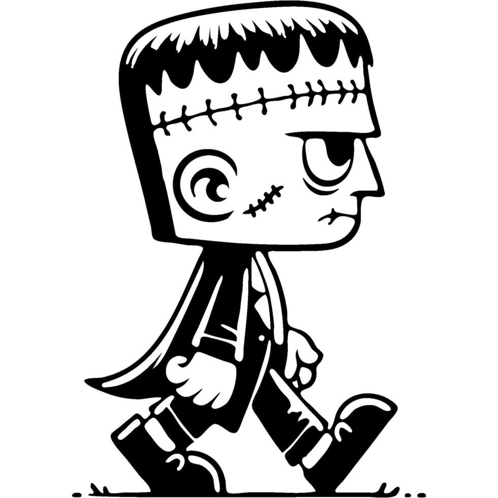 Resurrected by mad scientist zombie man walks side view in monochrome. Simple minimalistic in black ink drawing on white background vector