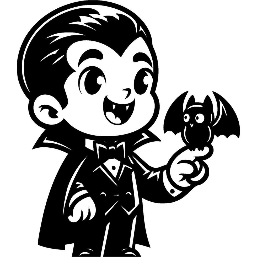 Little boy dressed in Halloween vampire costume holding pet bat on finger in monochrome. Simple minimalistic in black ink drawing on white background vector