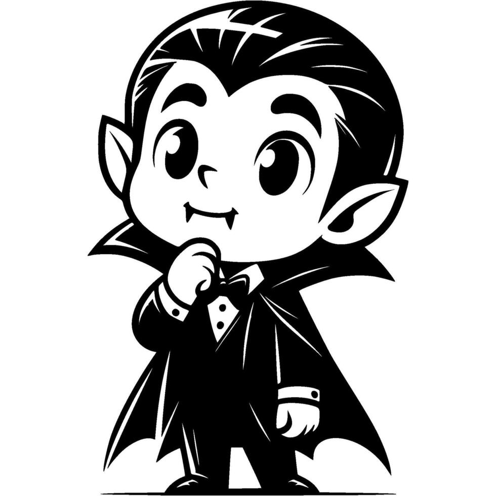 Little boy dressed in vampire costume thoughtfully holds his chin and looks up in monochrome. Simple minimalistic in black ink drawing on white background vector