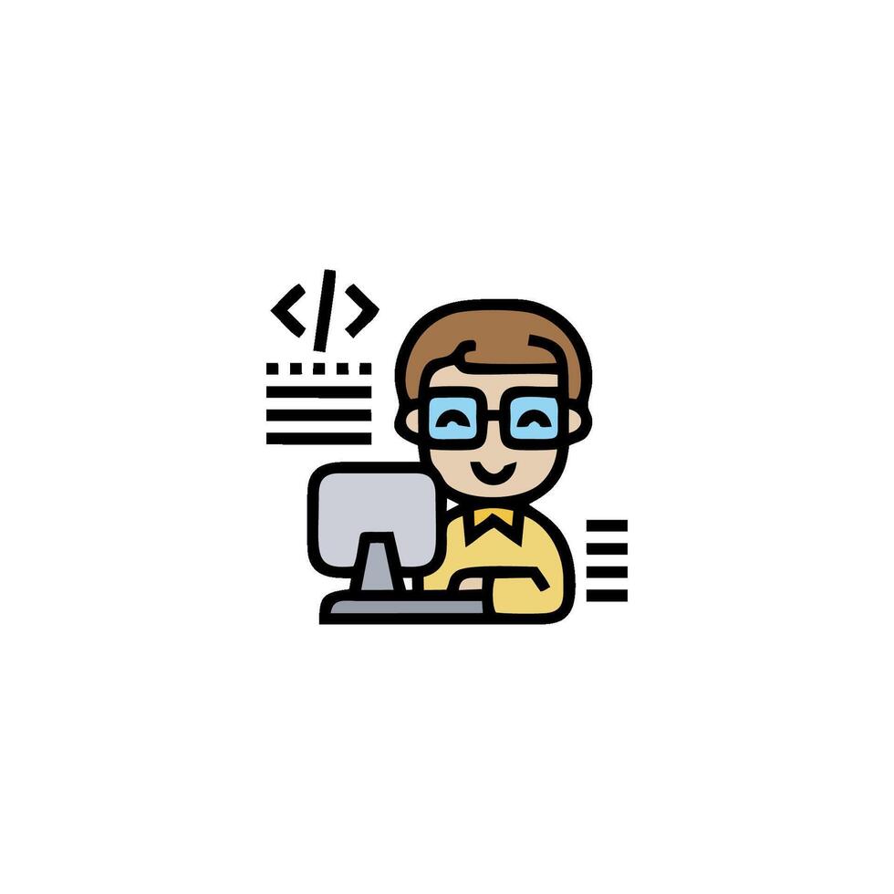 a man in glasses is working on a computer vector