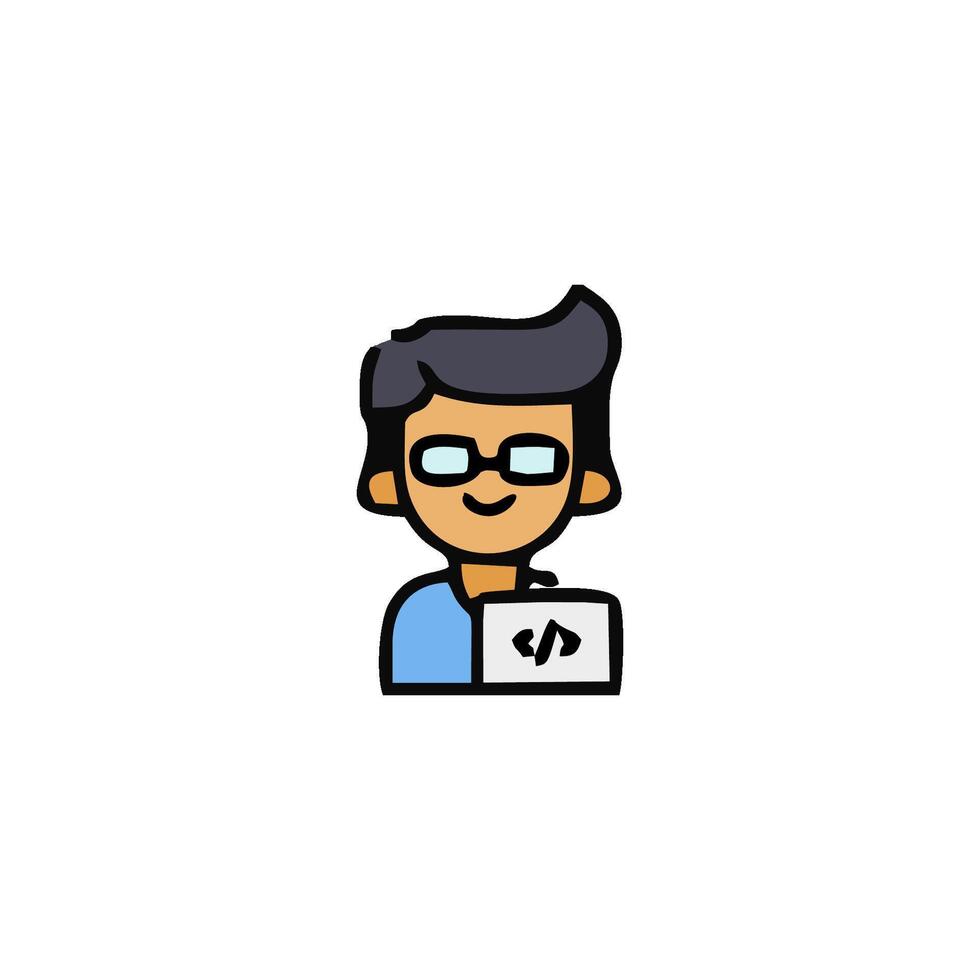 a man with glasses holding a laptop icon vector