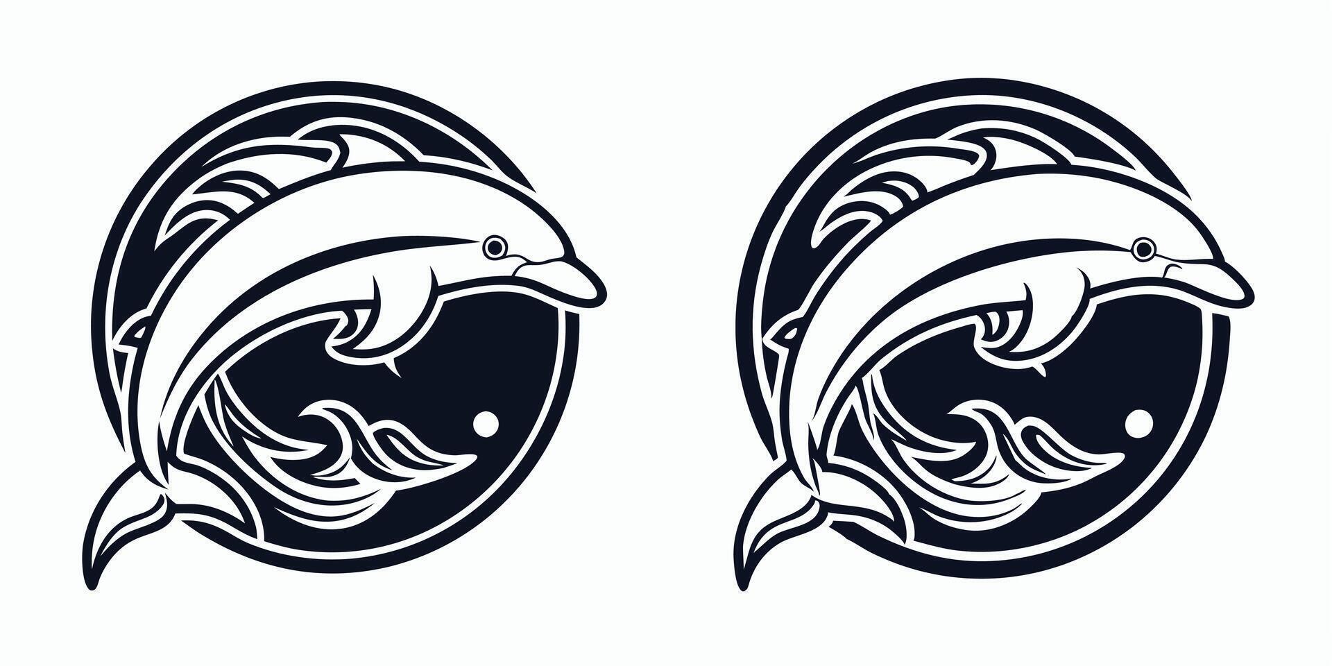 two dolphins are shown in a circle with a wave in the middle vector