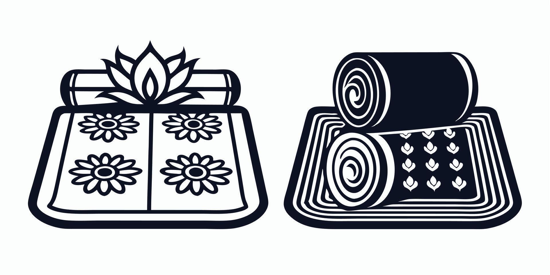 two black and white illustrations of a bed and a roll of fabric vector