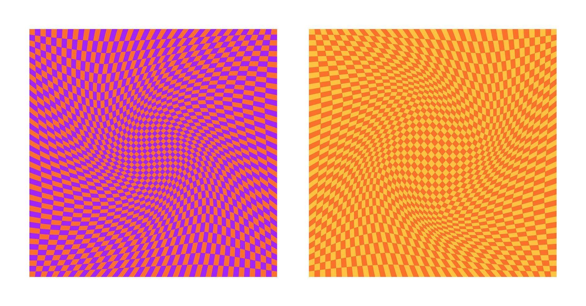 Halloween checkered board banners, posters. Purple, orange and yellow abstract geometric background. Fall aesthetic. Autumn square backdrop. vector