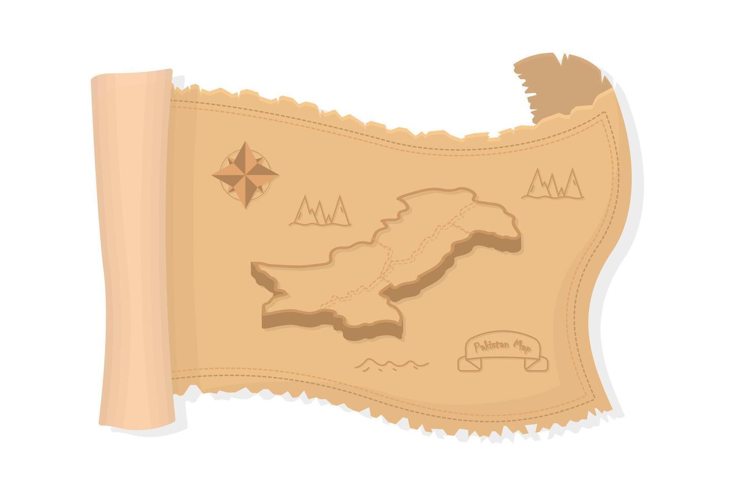 Old treasure folding paper with pakistan map, parchment antique paper with border line blank isolated on white background vector