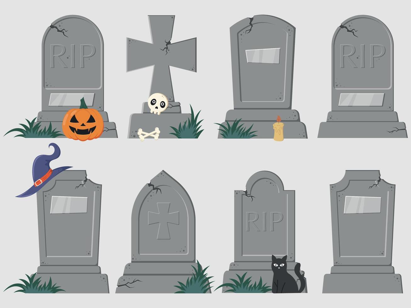 halloween grave set with pumpkin, cat, witch hat, candle, skull and bones vector