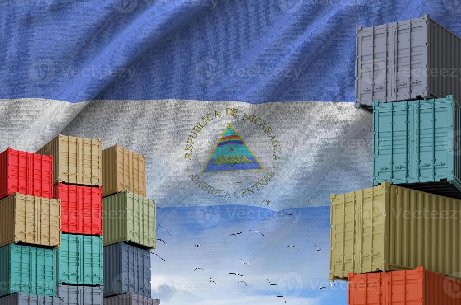 Nicaragua flag and big stack of shipping cargo containers in docks with sky background photo