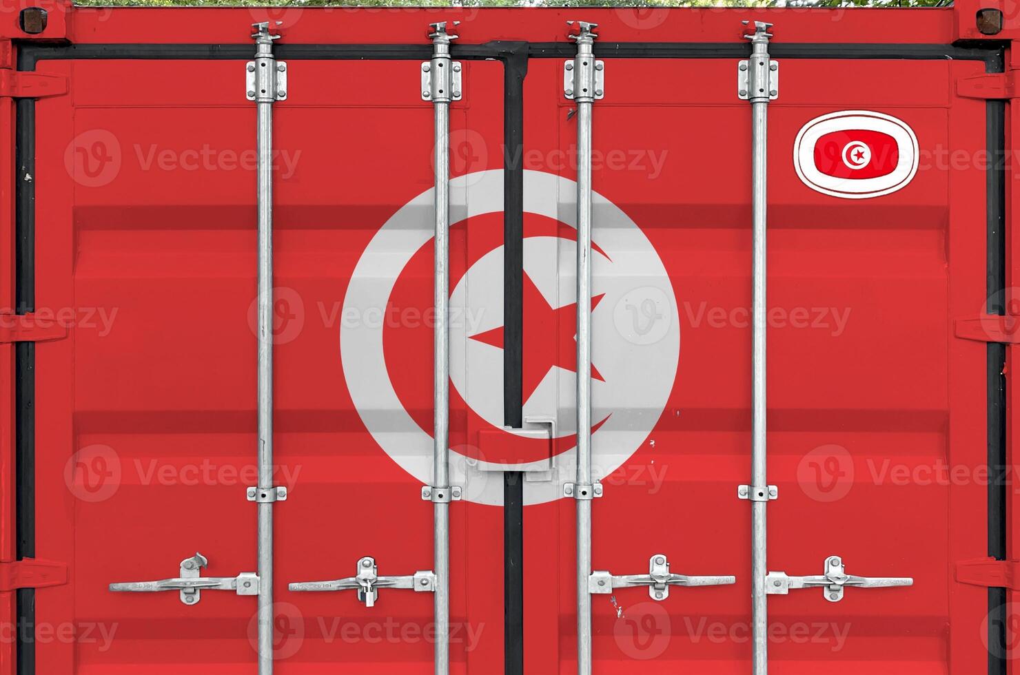 Tunisia flag depicted on metal doors of shipping cargo container outdoors in docks area photo
