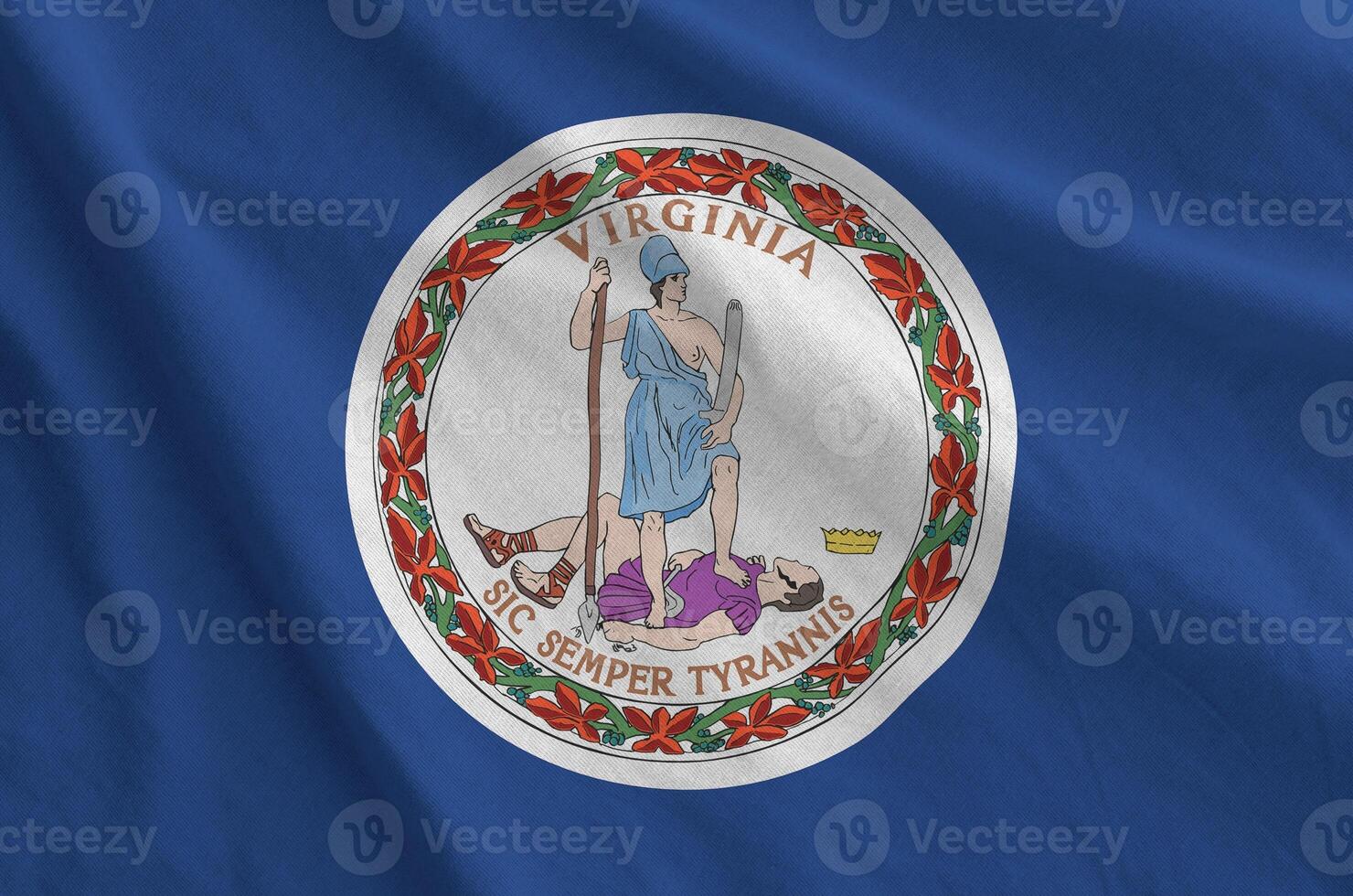 Virginia US state flag depicted on folded wavy fabric of old cloth photo