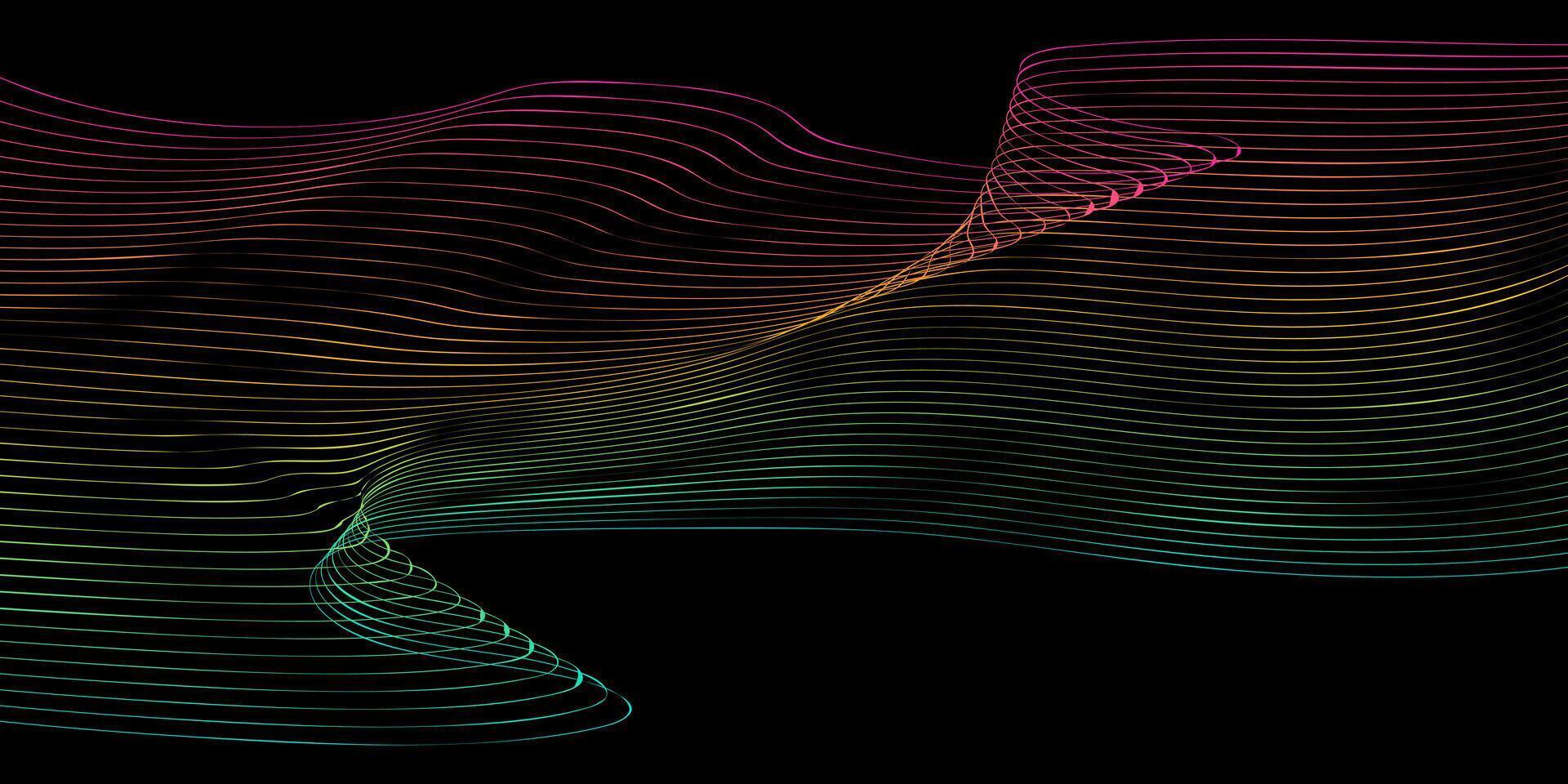 Curved Lines with a Gradient Transition Pink Yellow Blue on a Black Background vector