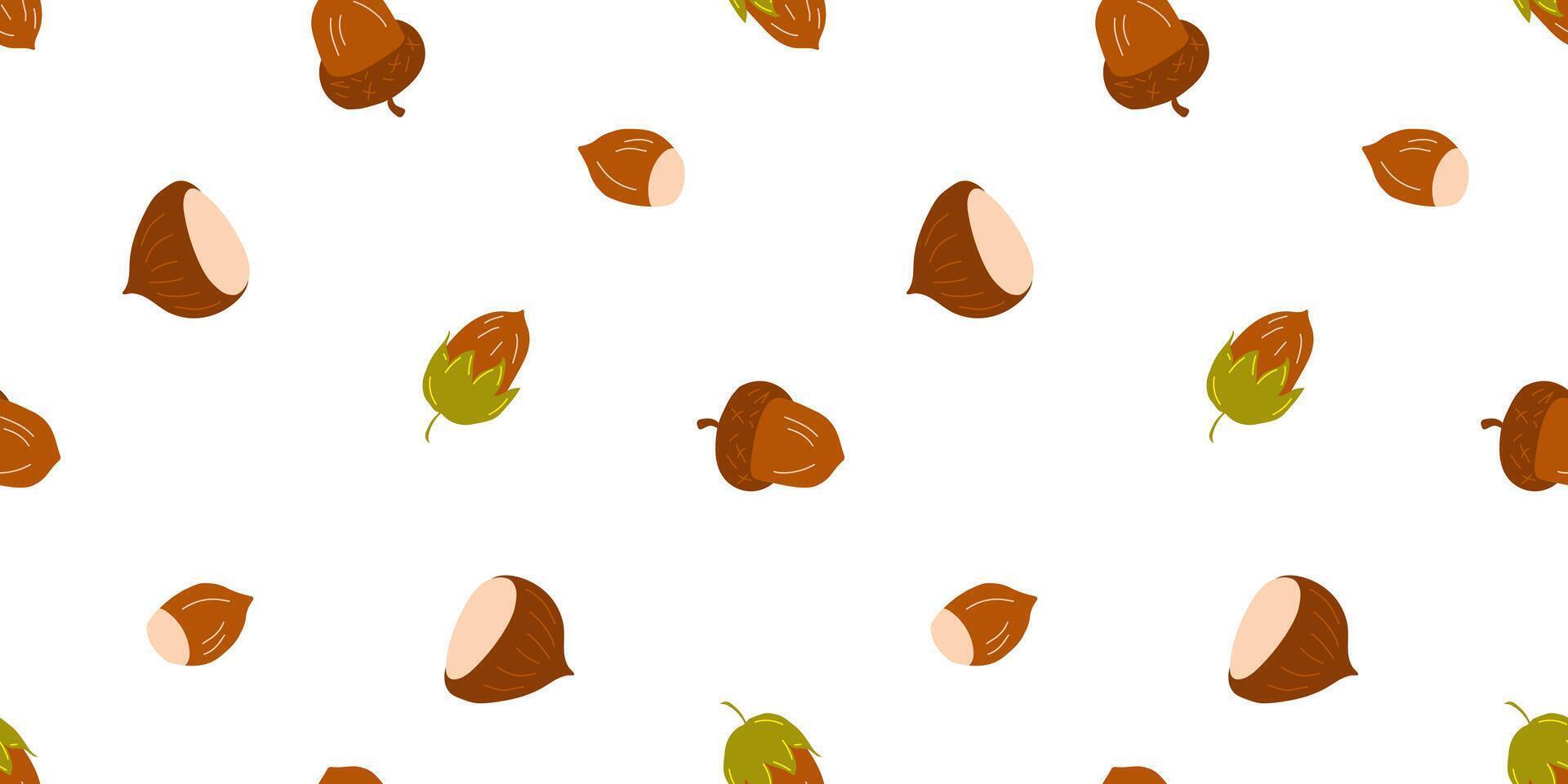 Seamless Pattern with Hazel Nuts, Acorns, Chestnuts on a White Background for Textile, Fabric, Wrapping Paper vector