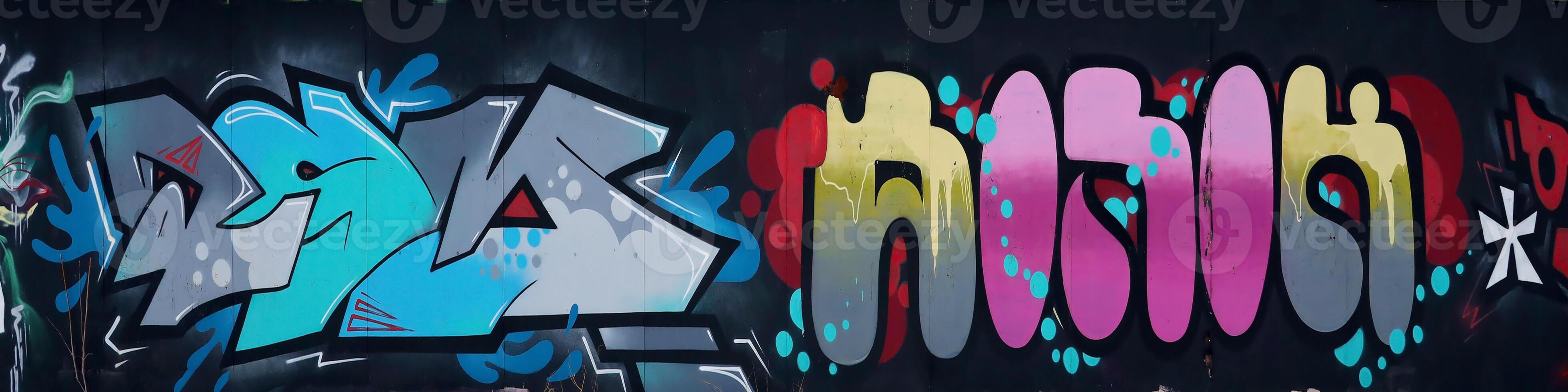 Colorful background of graffiti painting artwork with bright aerosol outlines on wall. Old school street art piece made with aerosol spray paint cans. Contemporary youth culture photo