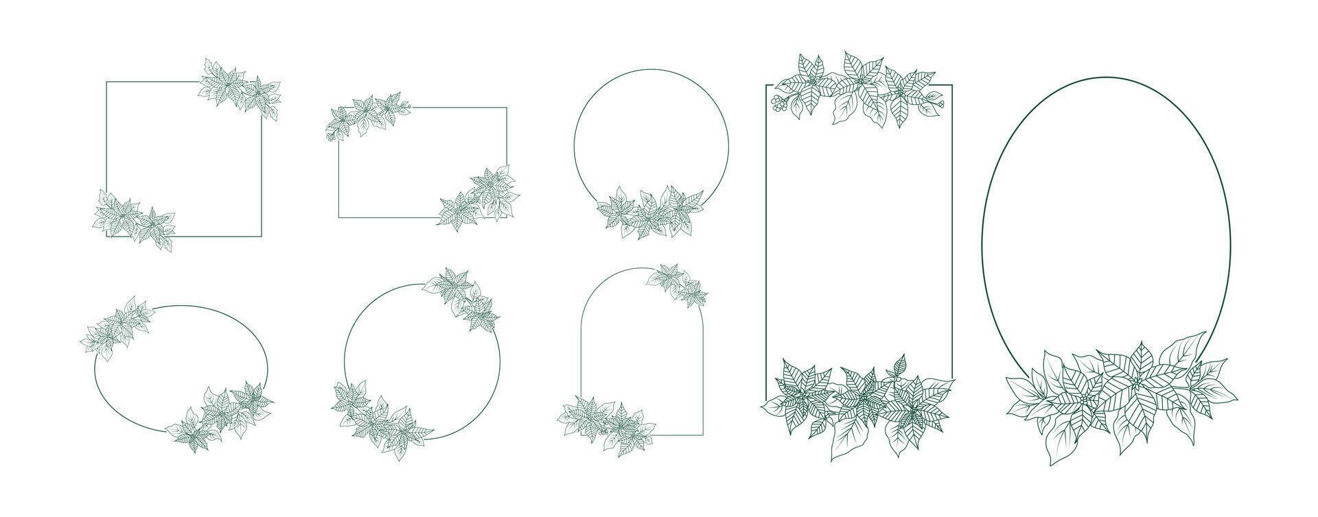 Poinsettia flowers line art border frame isolated on white background. Minimal floral design elements for Christmas invitation, wedding, wallpaper, print template, illustration vector