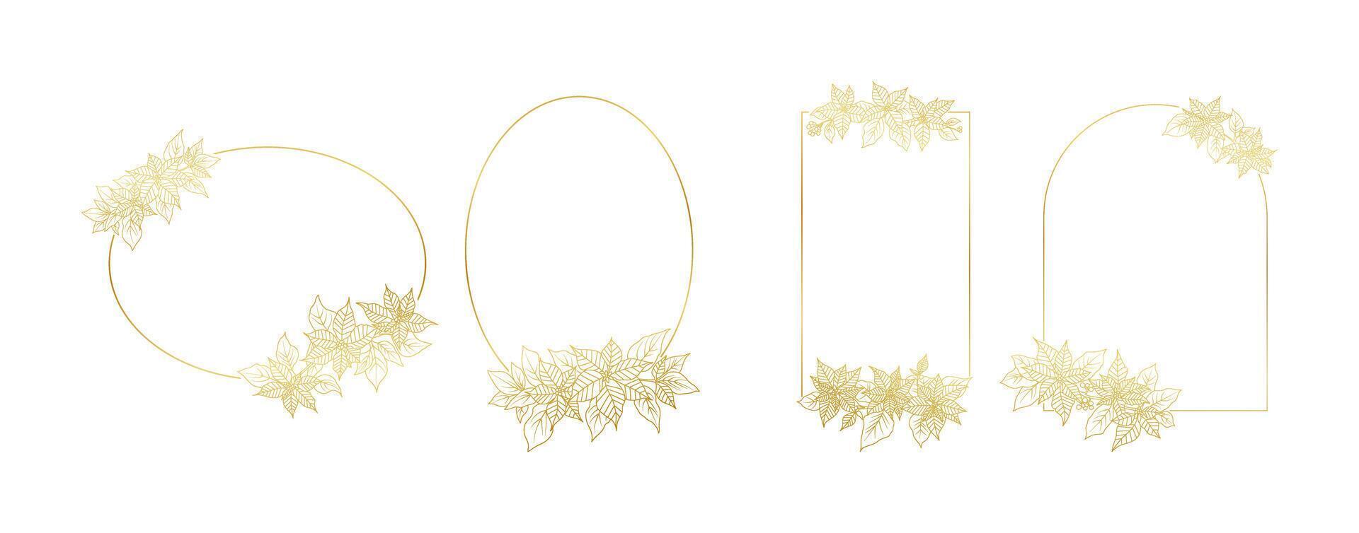Golden Poinsettia flowers line art border frame isolated on white background. Luxury floral design elements for Christmas invitation, wedding, wallpaper, print template, illustration vector