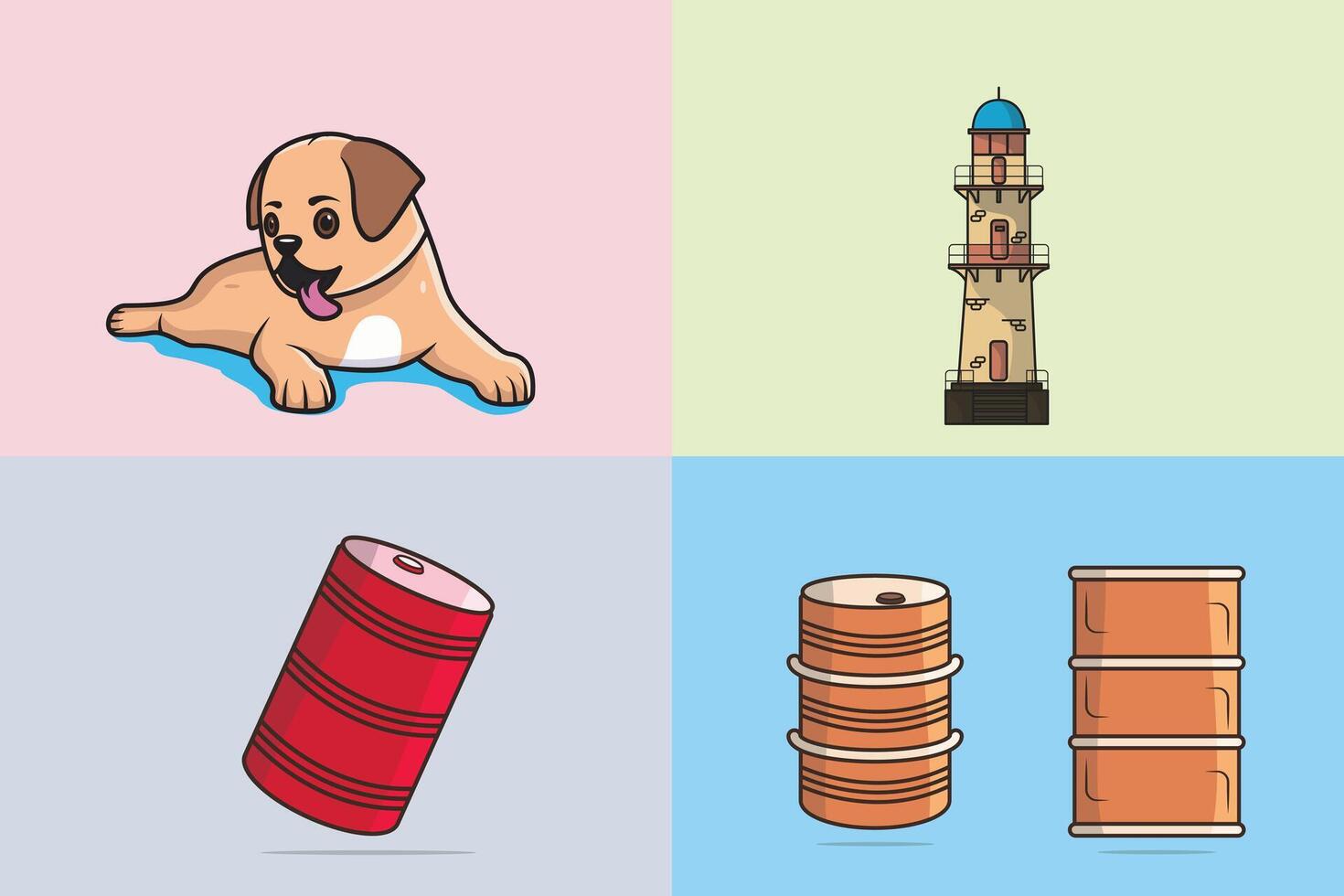 Collection of Oil Barrel With Light House and Dog illustration. vector