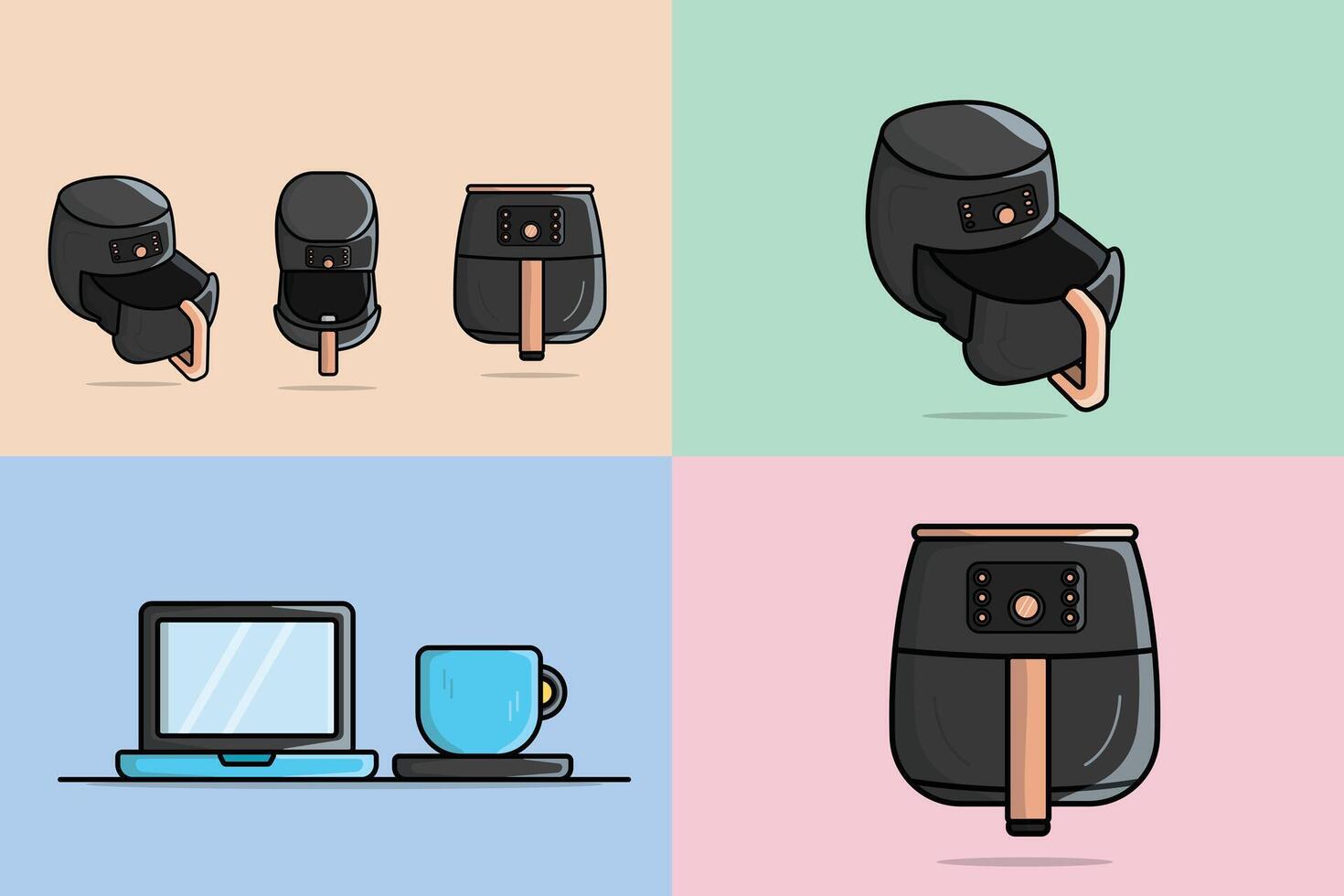 Set of Kitchen Air Fryer illustration. Kitchen interior working tool icon concept. Modern kitchen air fryer side with up and front view design with shadow isolated on orange background. vector