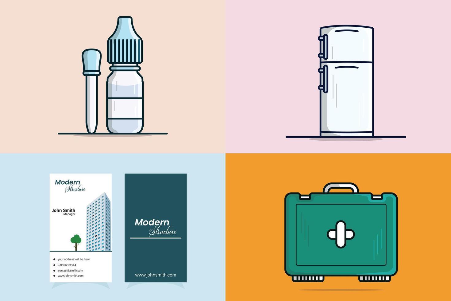 Collection of Medical First Aid Kit With Eyedropper and Fridge with Building illustration. vector