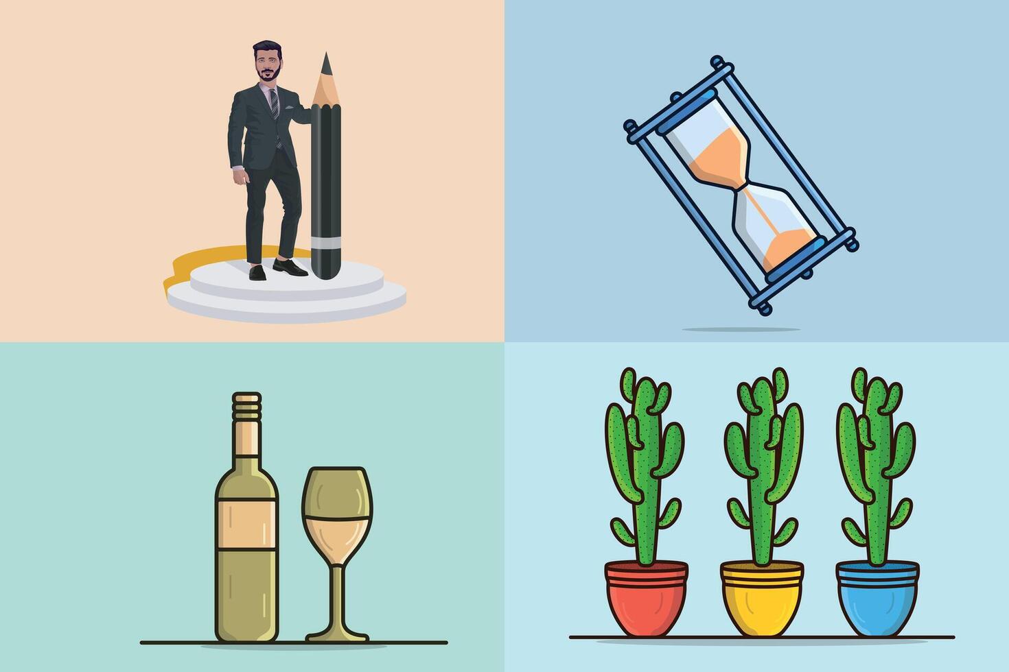 Collection of Green Cactus Plants in a Vase with Hourglass with Sand Countdown and Smart Male beer bottle design illustration. vector