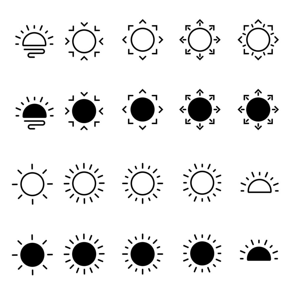 Sun icon set in line style, sunshine in flat style, solar glow, sunrise, sunset, sunlight, energy. hand drawn elements. vector