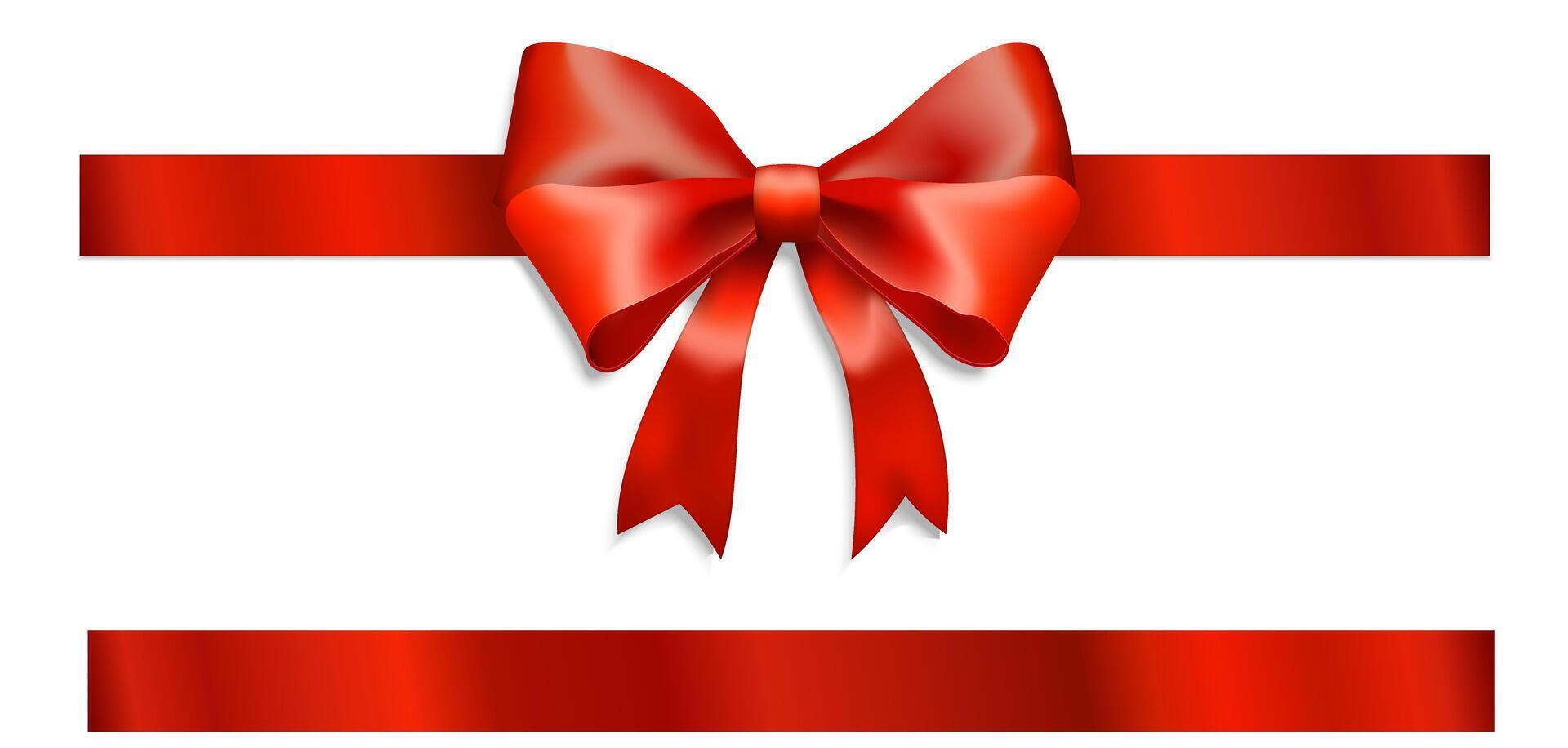 Red Ribbon Bow Realistic shiny satin with shadow horizontal ribbon for decorate your wedding invitation vector
