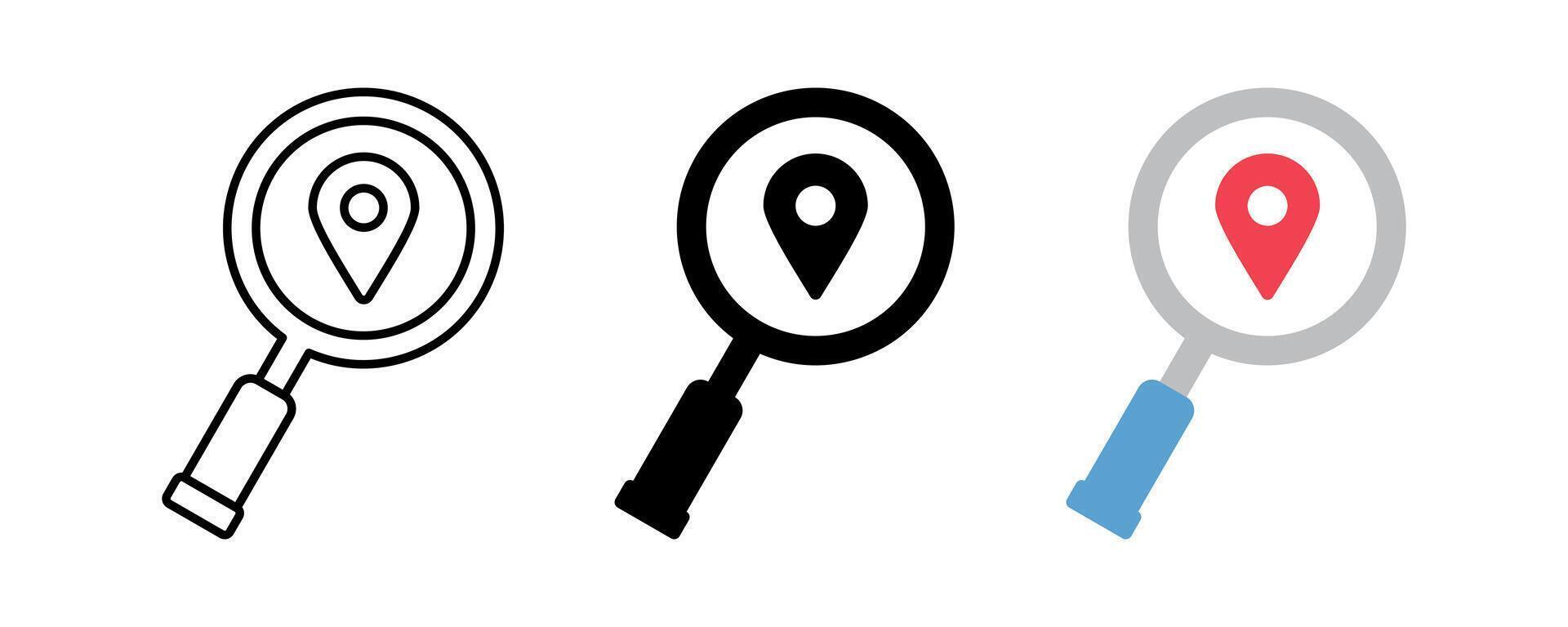 search location icon set. map pin symbol with magnifying glass. modern design isolated on white background vector