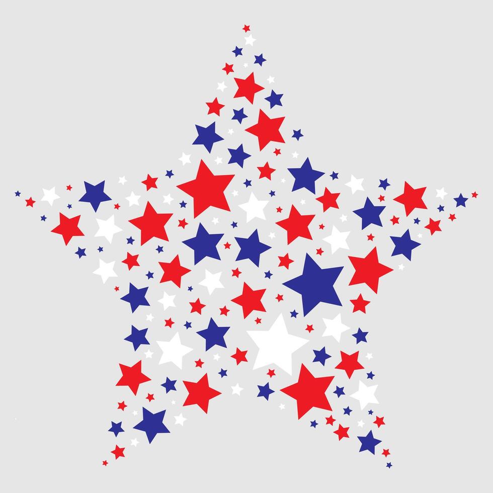 Red, white and blue stars forming a large star shape on a light grey background. Creating a bold and patriotic pattern. Flat lay design for greeting card, poster, banner and print. vector