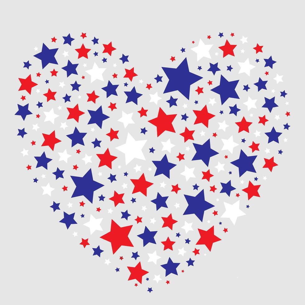 Heart shape made of red, white and blue stars isolated on a light gray background. Creating a bold and patriotic pattern. Flat lay design for greeting card, poster, banner and print. vector