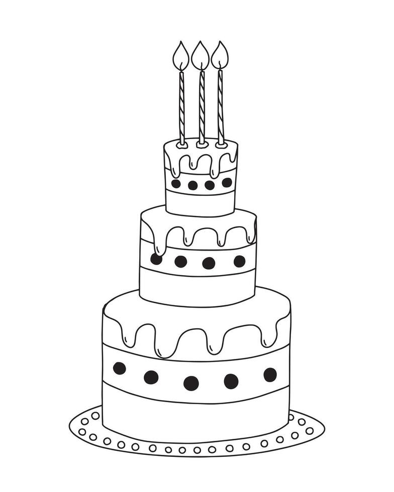 Three tier cake with tree candles hand drawn illustration vector