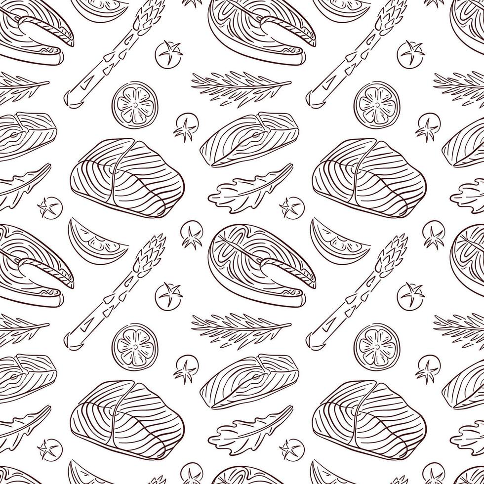 Seamless pattern with Salmon steak and ingredients in line art style. Tomato, slices of lemon, rosemary, arugula, asparagus. Red fish and vegetables design for menu, wallpaper, textile, wrapping. vector