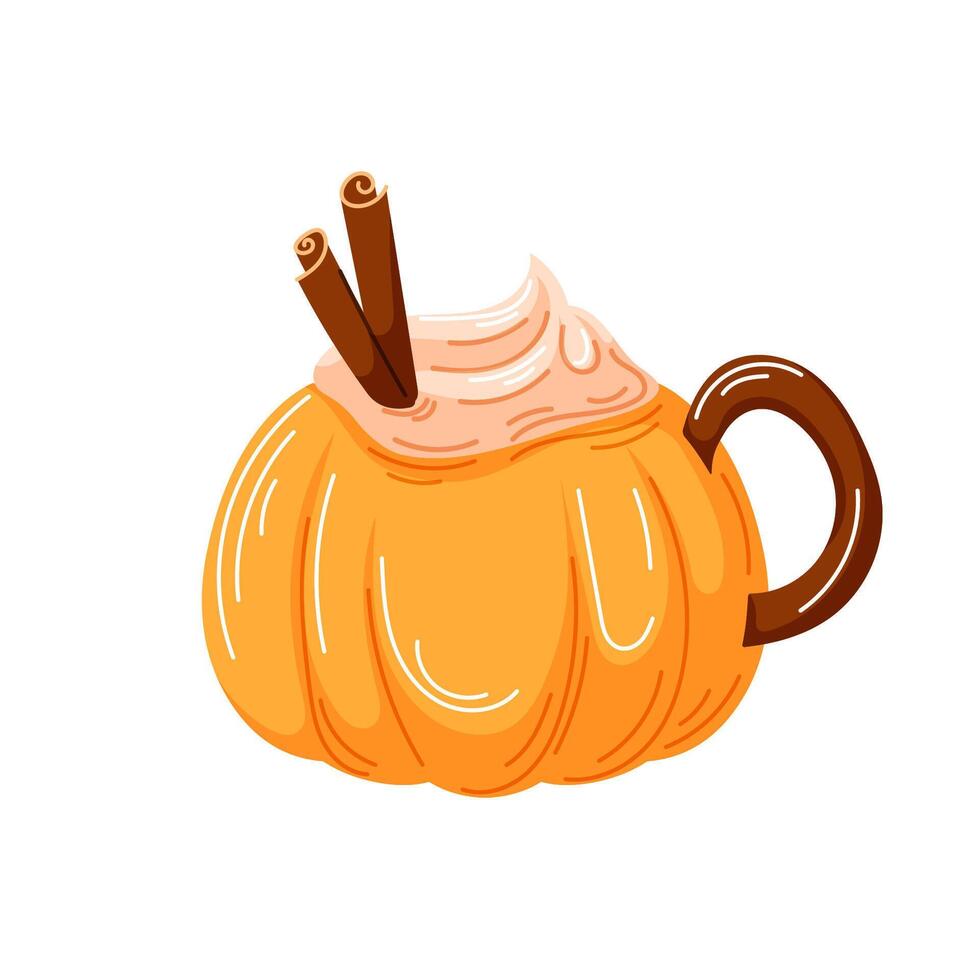 Spiced pumpkin coffee in pumpkin shaped mug, topped with whipped cream and cinnamon sticks. Beverage for Halloween october design in cartoon style. illustration isolated on a white background. vector