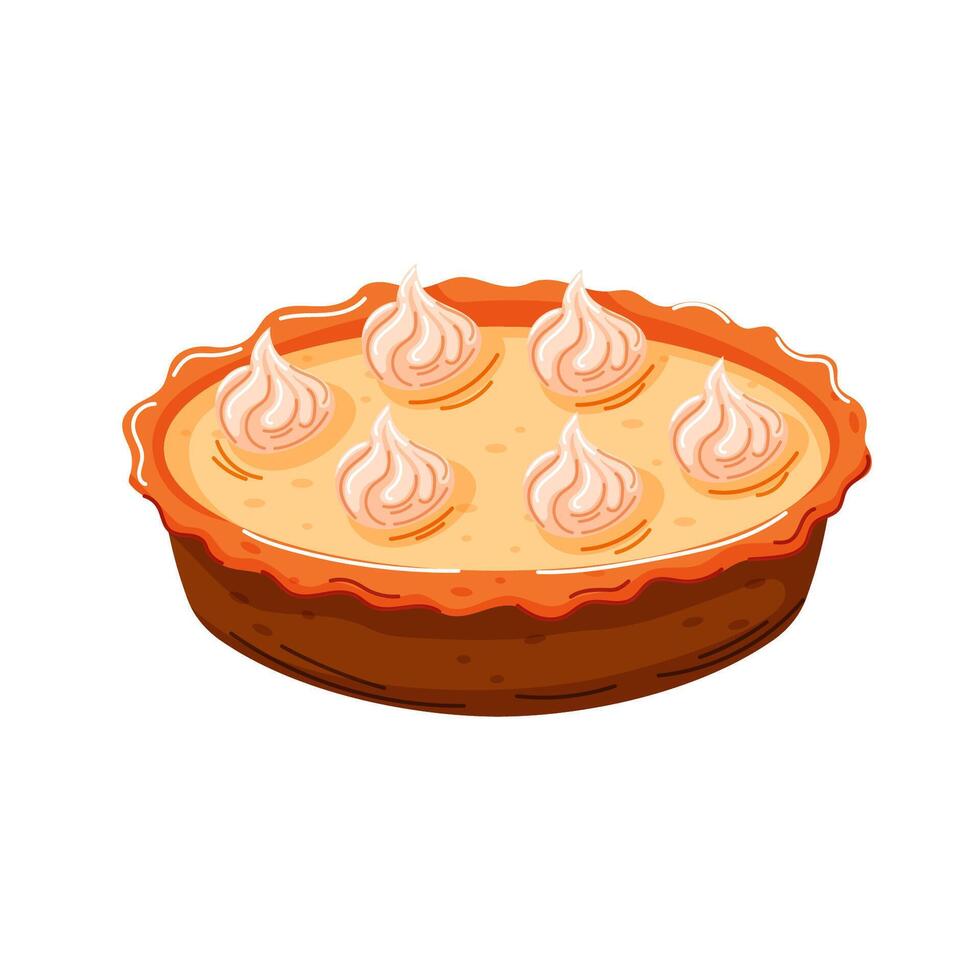 Pumpkin pie with a dollop of whipped cream on top. Cake with smooth, creamy filling and a brown crust cartoon style. illustration isolated on a white background. vector