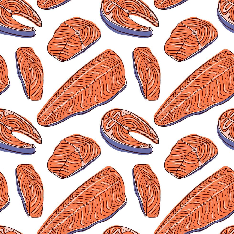 Salmon fillet seamless pattern in flat style. Food design for seafood restaurant menu. illustration on a white background. vector