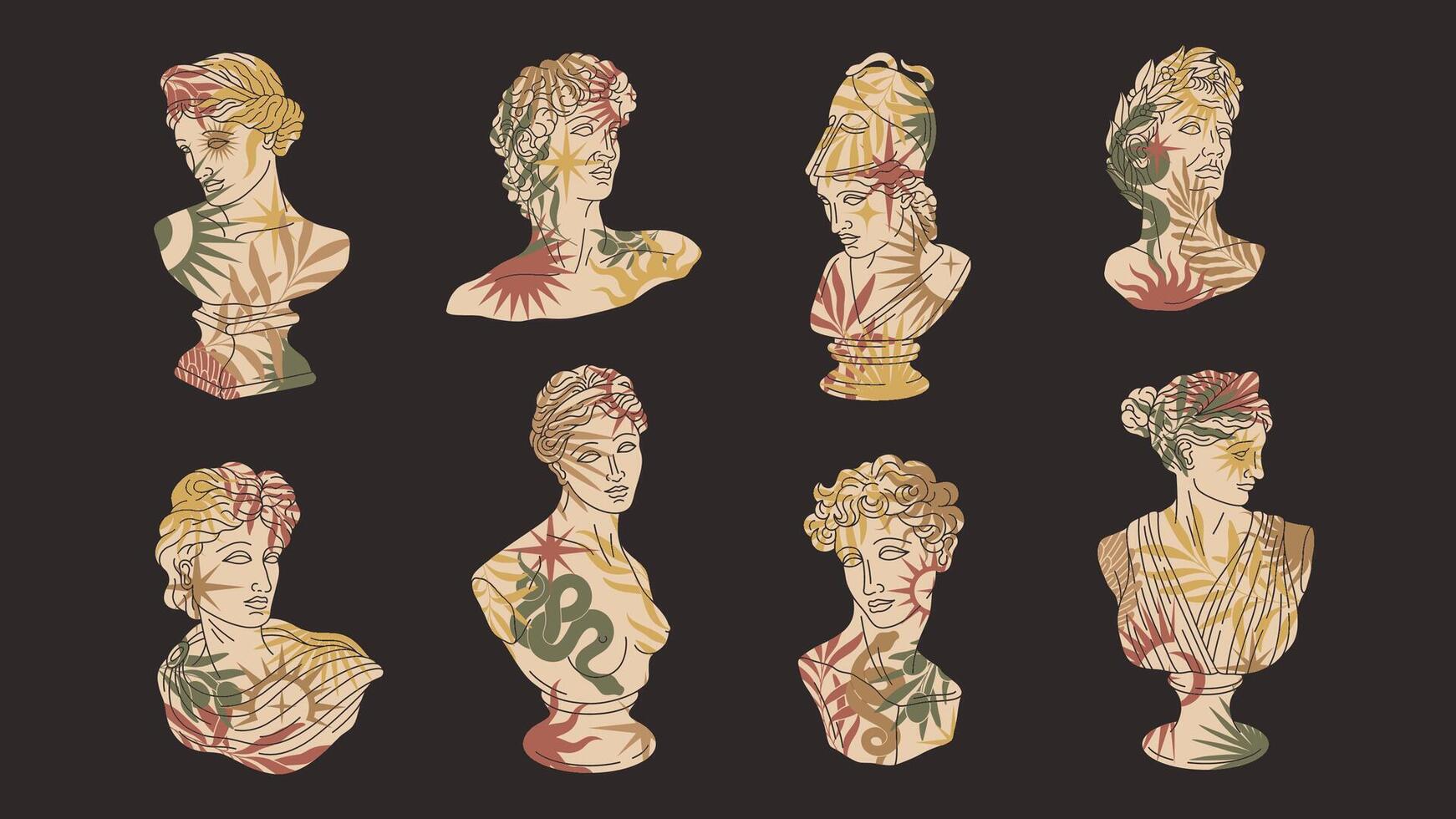 Greek statue bundle with olive branches, stars, snakes and plants. Antique aesthetics statues in modern style vector