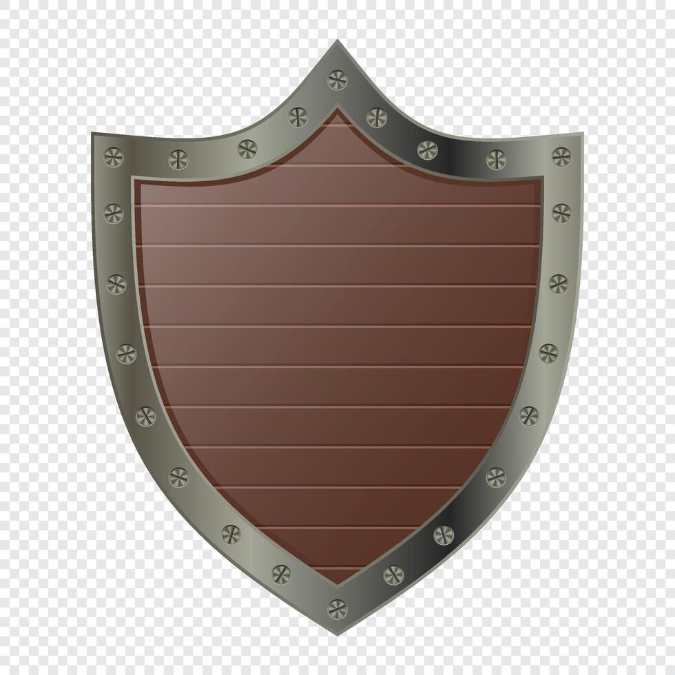 Wooden shield with steel frame. Medieval shield. Cartoon shield. UI award badge. illustration vector