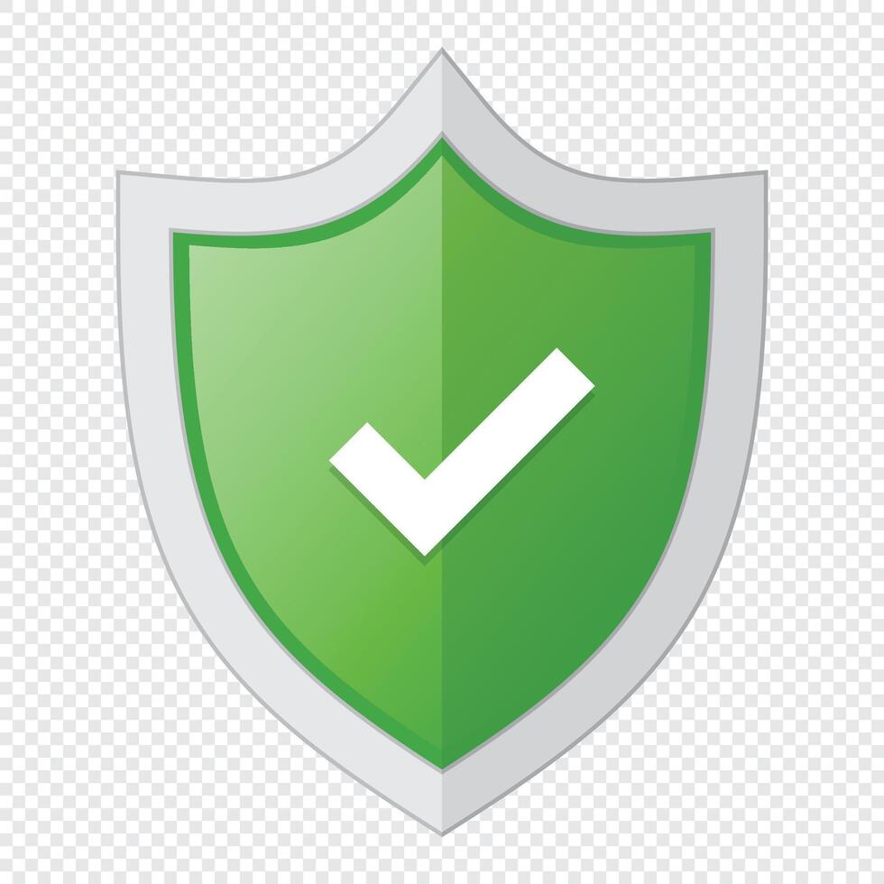 Green badge with shield and check mark. Right mark with protect shield. Shield with check mark. illustration vector