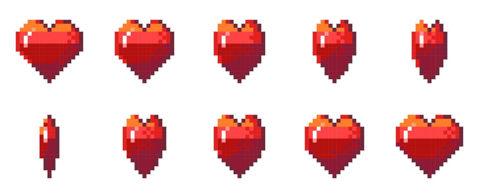 Pixel heart animation. Retro 8 bit game sprite with life bonus and red heart reflection and rotation effect. arcade game UI asset and Valentines day pixelated pictogram vector