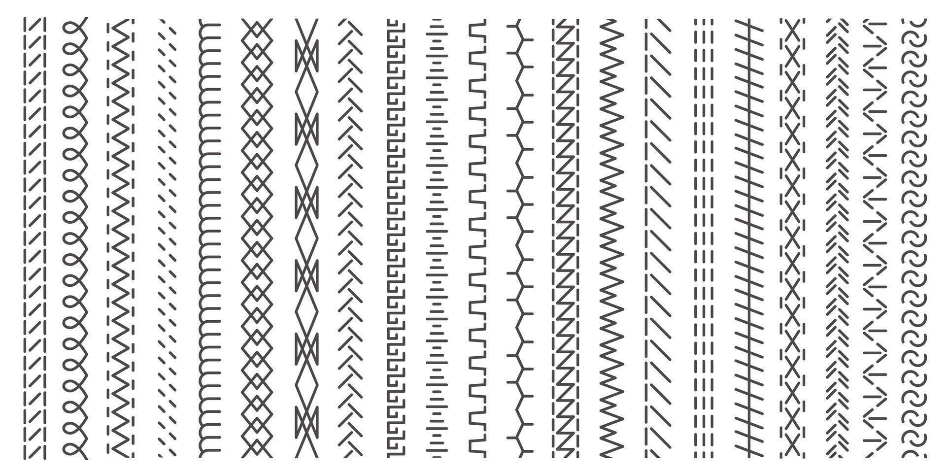 Vertical seamless stitches. Black embroidery zigzag, line and fringe border stitch patterns for textile design, sewing elements. isolated set. Sewing machine endless seam, stitching dividers vector