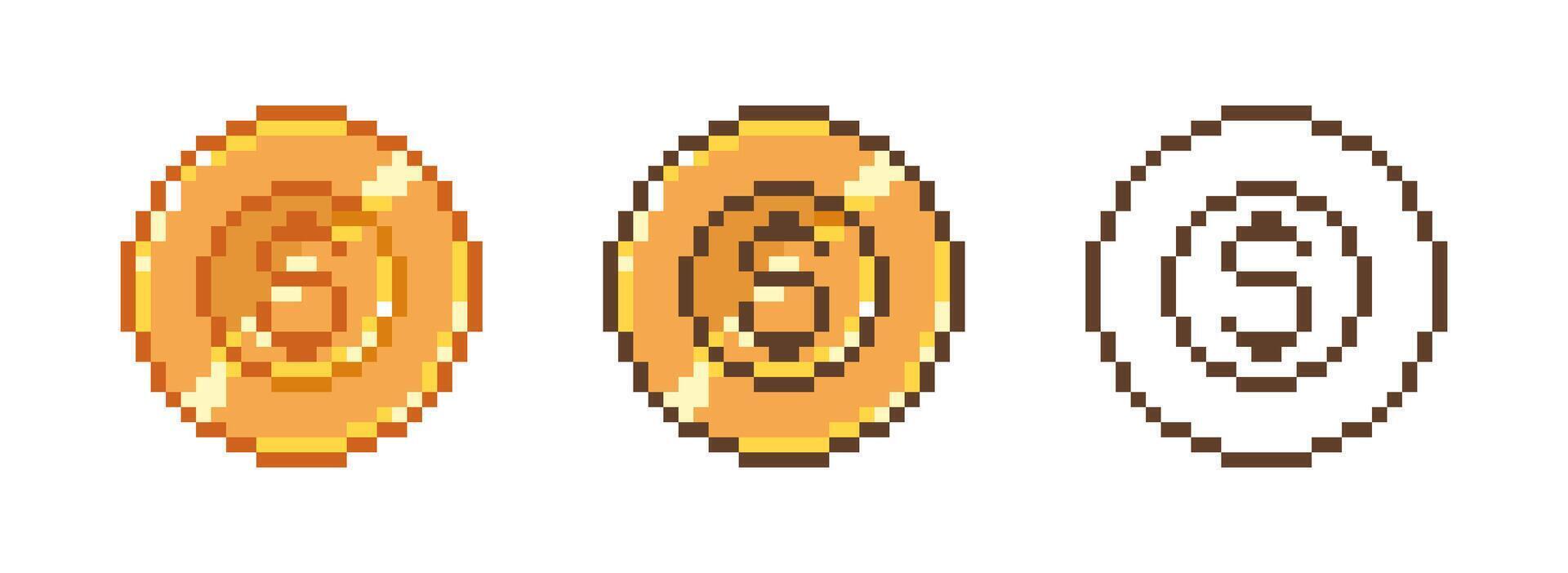 Pixel coin icon. Retro 8 bit yellow gold money, arcade game coins asset, 2D 16 bit sprite for game asset, cartoon golden pixelated dollar. color and outline icons set vector