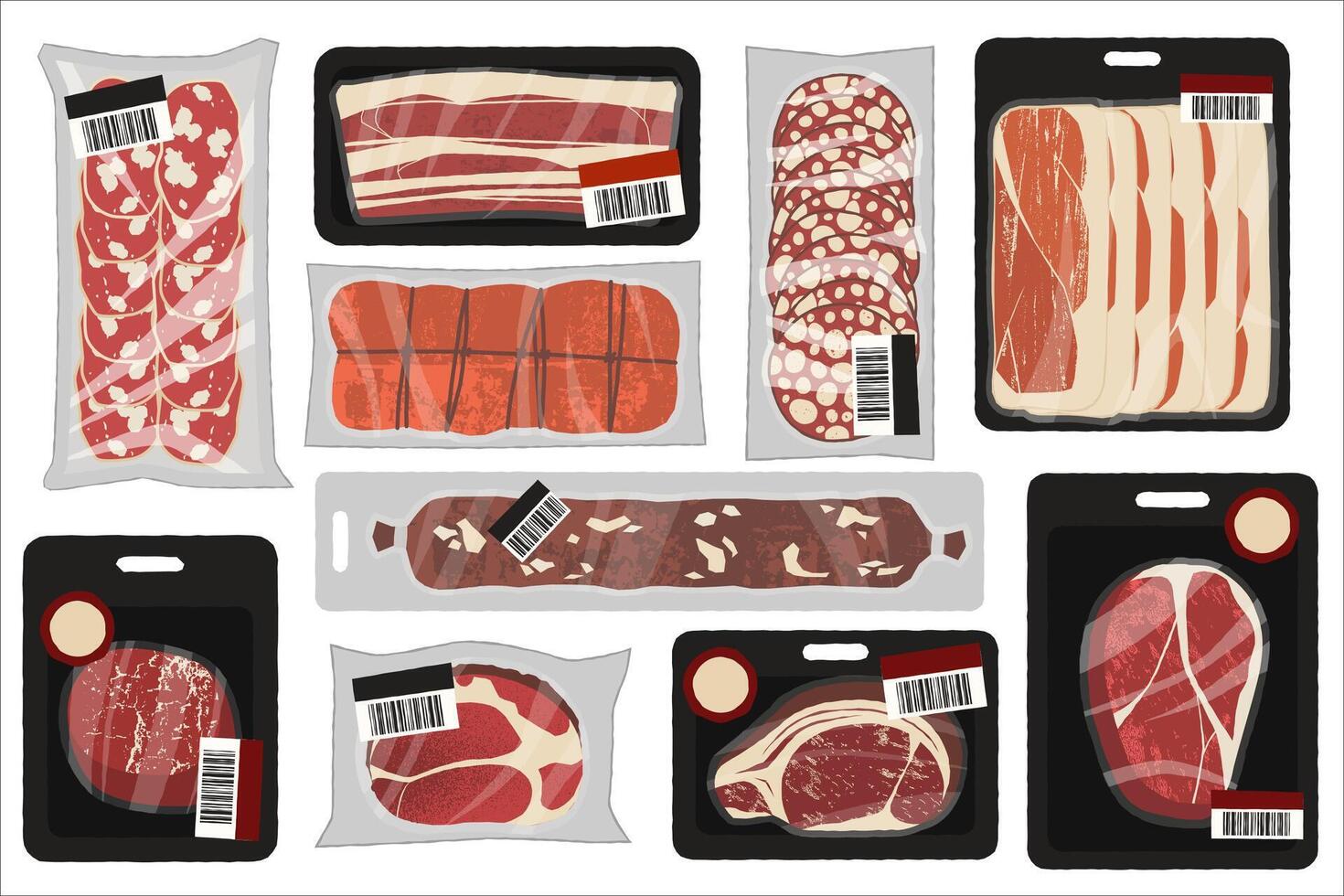 Meat product in plastic tray. Cartoon vacuum packed ground beef pork sausage, frozen and fresh cold raw lean steak chop, sausages and bacon slices vacuum pack. isolated set vector