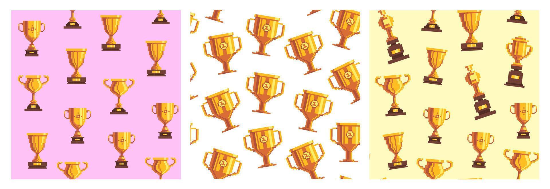 8 bit winner cup pattern. Retro seamless pixel game background with gold trophy reward, winner award game asset. old arcade print. Pixel art textures with sport golden goblets vector
