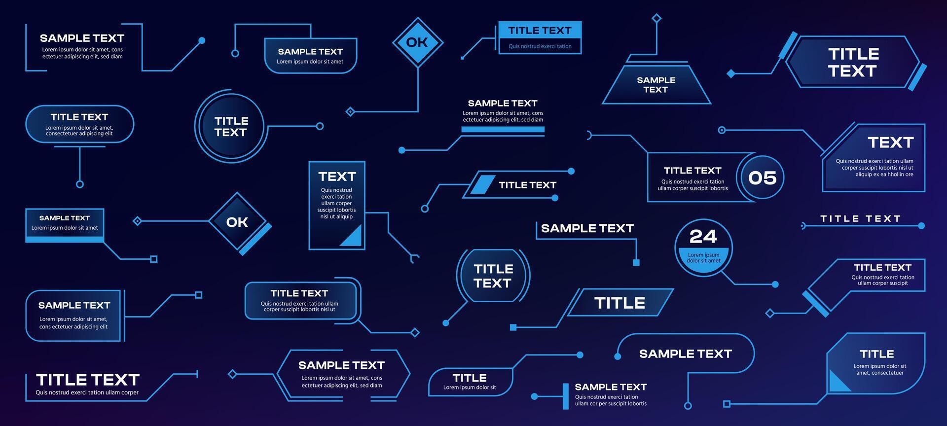 Callout shapes. Futuristic infographic elements with hologram labels, sci fi tech radar menu callout buttons and frames. infographics elements collection. HUD information chart, title layout vector