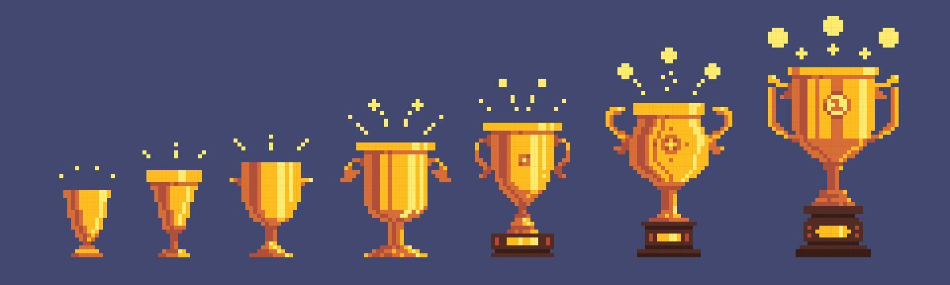 Pixel golden trophy. Cartoon retro 8 bit award with gold coins for game competition, winner trophy for sport celebration. isolated set. Prize goblet from small to big, success victory elements vector